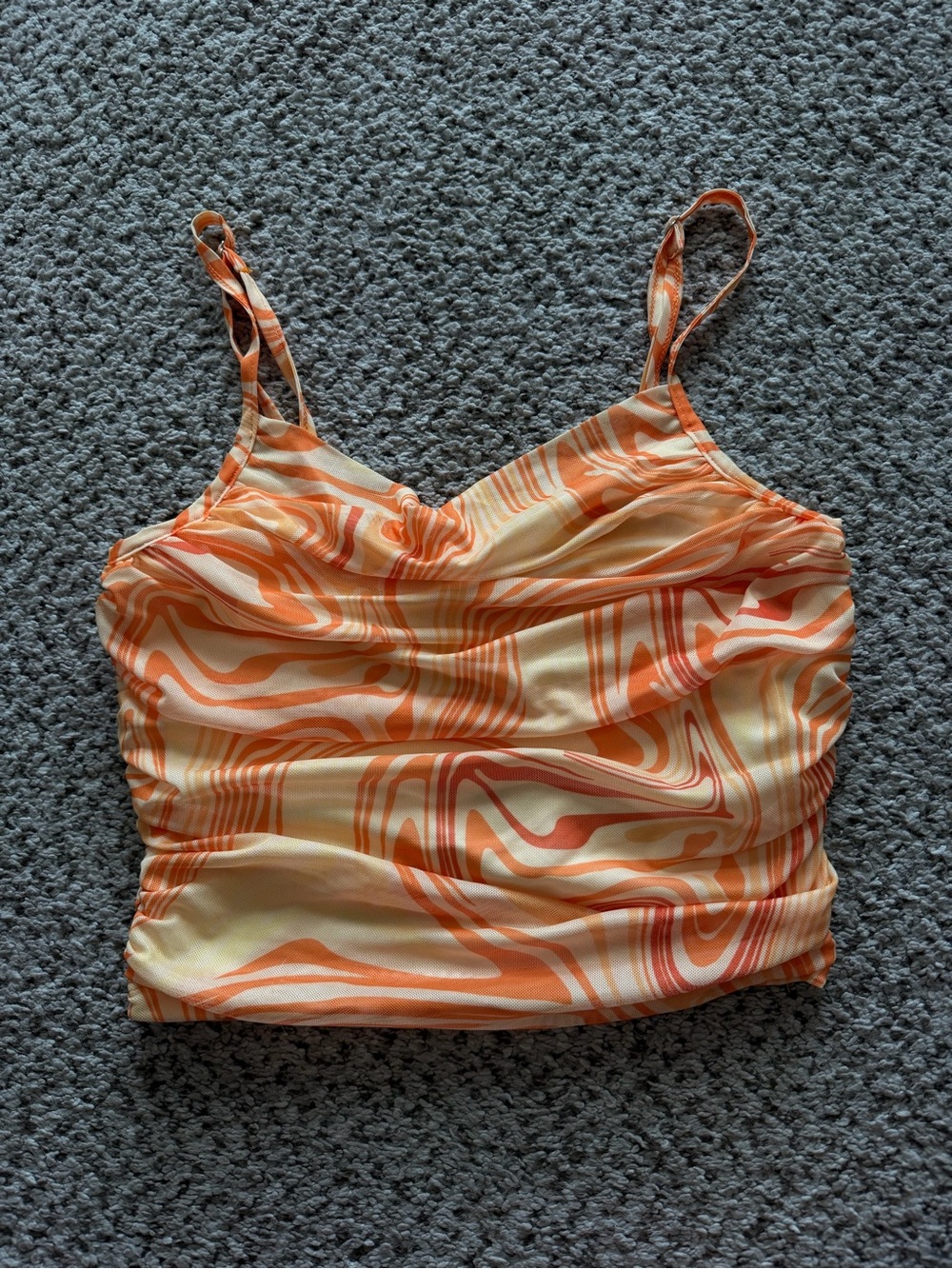 American Threads Orange Swirl Ruched Cami Crop Top